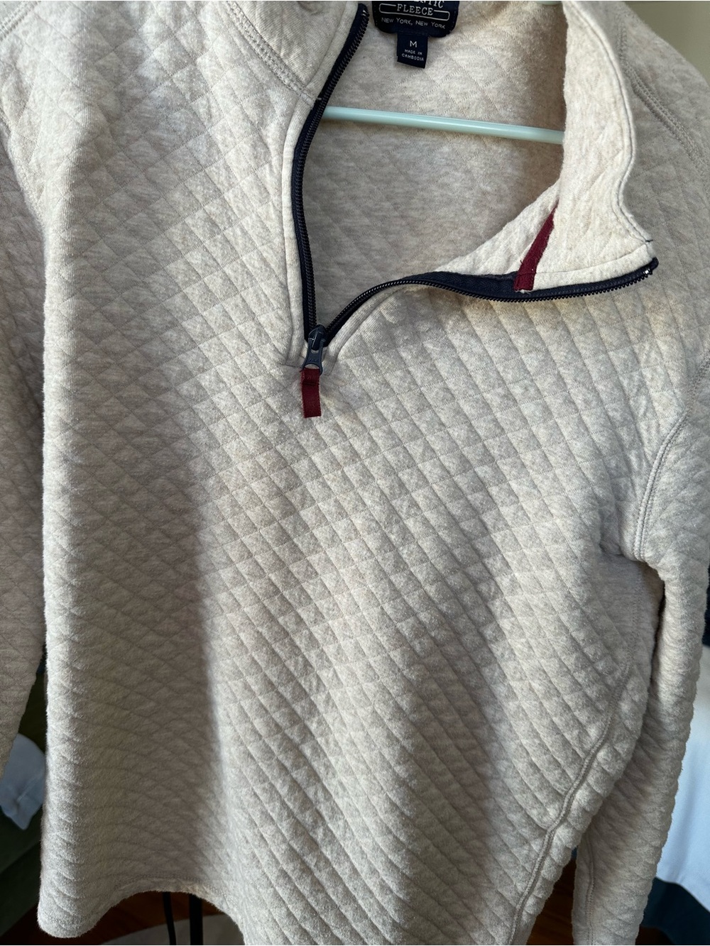 J. Crew Men's Quarter-Zip Fleece Sweater in Beige with Dark Zipper